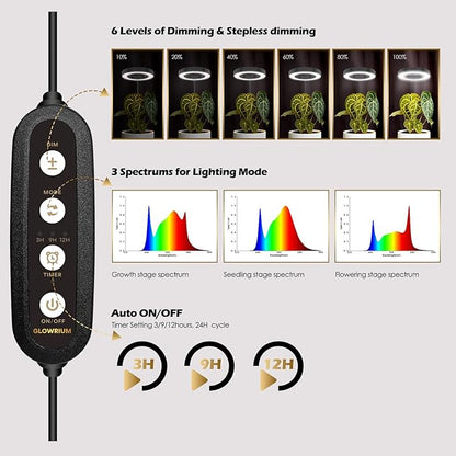 GLOWRIUM Grow Lights for Indoor Plants, Full Spectrum LED Grow Light Floor Lamp with Stand Adjustable Height and Angle, Black Plant Light with 3/9/12H Grow Light Timer (Black, 20W)
