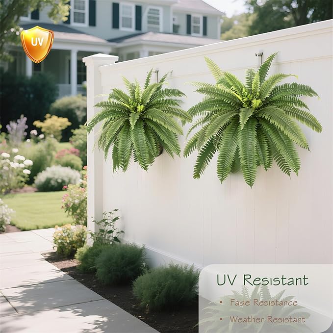 bellacat 39in UV Resistant Artificial Ferns for Outdoors Large, Realistic Fake Boston Fern with Full Multiple Silk Fronds, Faux Boston Fern for Porch Outdoors, Garden or Hanging, 2 Pack