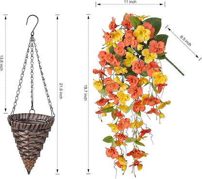 HyeFlora Artificial Fake Hanging Flowers Plants Baskets for Outdoor Decoration, 5Pcs Faux Silk Hibiscus Long Vines in Planter Look Real for Outside Home Porch Patio Garden (YellowOrange)