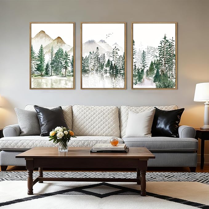 ANHUIB Large Framed Mountain Wall Art Watercolor Forest Landscape Painting Green Nature Prints Art Rustic Wall Decor Set of 3 for Living Room Bedroom Office 16x24 Inch