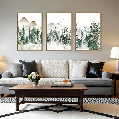 ANHUIB Large Framed Mountain Wall Art Watercolor Forest Landscape Painting Green Nature Prints Art Rustic Wall Decor Set of 3 for Living Room Bedroom Office 16x24 Inch
