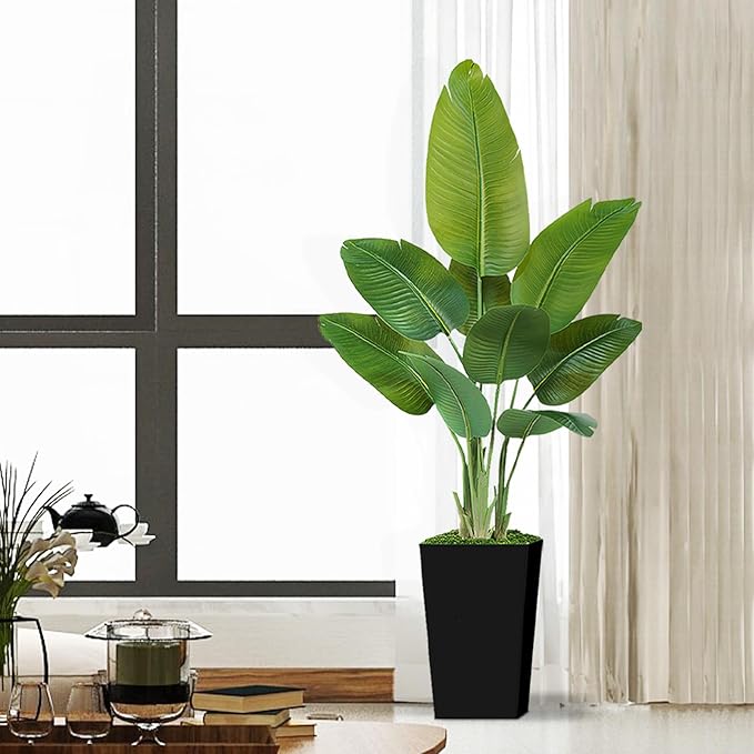 Lifelike Bird of Paradise Artificial Plant 5ft Faux Banana Leaf Tree with Black Tall Planter for Home Decor - Perfect Indoor Silk Floor Plant for Living Room, Office, and Bedroom Ambiance Enhancement