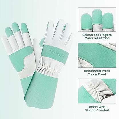 Gardening Gloves, Long Thorn Proof Garden Gloves for Women and Men, Goatskin Breathable Leather Work Gloves for Gardening, Pruning, Yard Work, Turquoise, M