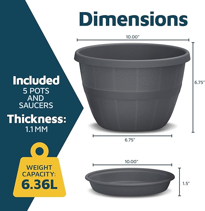 10-Inch Whiskey Barrel Planters Outdoor Pack of 5 - Durable Plastic Plant Pots for Indoor & Outdoor Use with Drainage & Saucer, Lightweight Rustic Barrel Planters for Flowers, Herbs & Small Plants