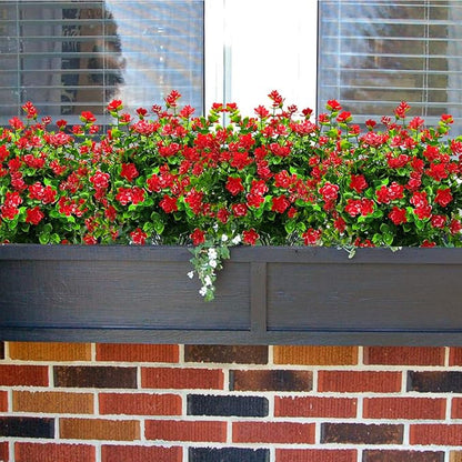 10 Bundles Artificial Fake Flowers, Faux Outdoor Plastic Plants UV Resistant Shrubs Outside Indoor Decorations (Red-Eucalyptus)