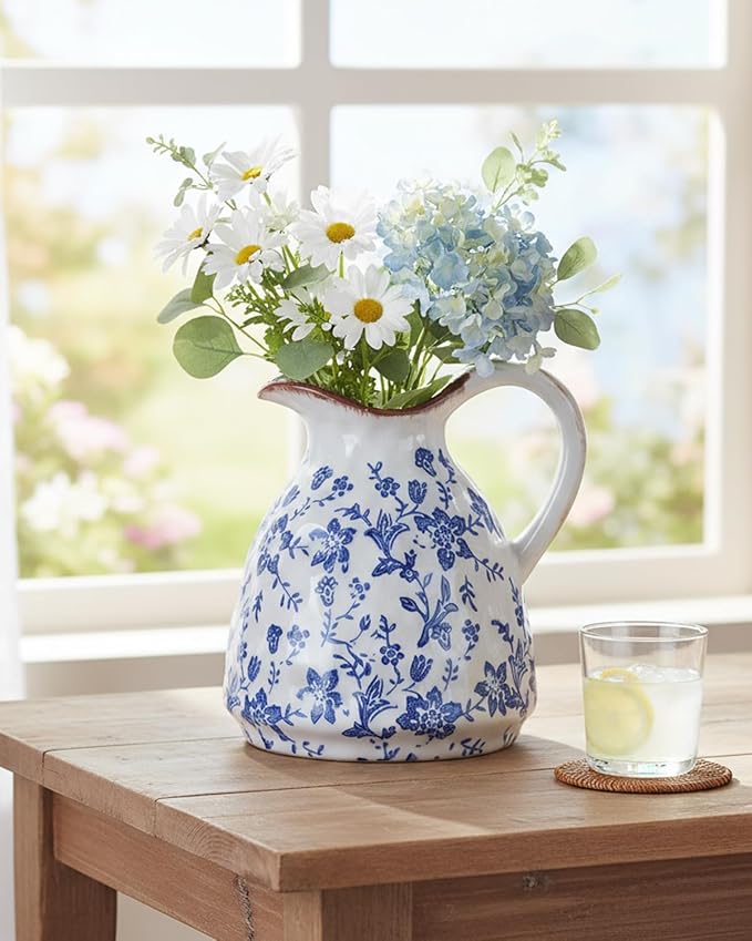 Blue and White Ceramic Vase with Handle – 7.28 Inch Vintage Crackle Glaze Pitcher Style Flower Vase, Chinoiserie Tuscan Decorative Jug for Shelf, Desk, Home Decor