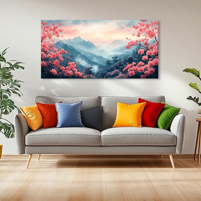 Pink Mountain Wall Art for Living Room Office Beautiful Floral Flower Painting Prints Mountain Flowers Landscape Canvas Artwork Girls Bedroom Decor Ready to Hang (30x60 Inches)