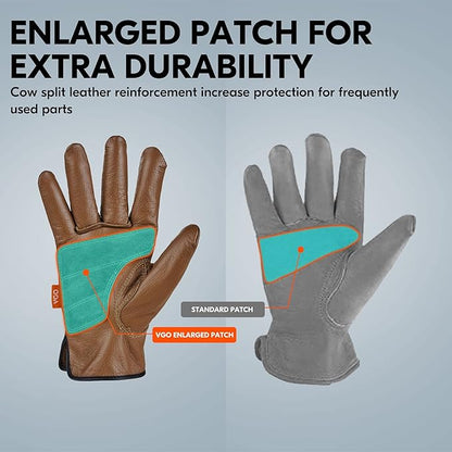 Vgo... 1-Pair Unlined Safety Cow Grain Leather Work Gloves Men, Rigger Gloves, Builder Gloves, Water Resistant, Palm Patched (Size L, Brown, CA9597WP)