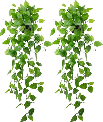 LOYWREE 2 Pack Small Artificial Hanging Plants with Faux Ivy Vine and Hanging Pothos 39Inch Fake Plant Realistic Greenery for Shelf Decor in Home, Office, Indoor & Outdoor Gardens