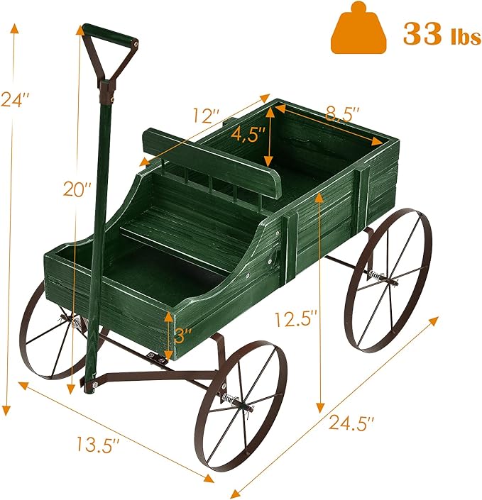 Goplus Wagon Planter, Decorative Wooden Garden Planter with Wheels, 2 Planting Sections and Adjustable Handle, Indoor Outdoor Backyard Balcony Decor (Green)