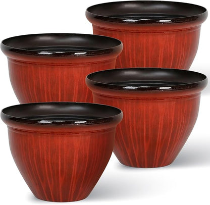 Worth Garden 12-Inch Dia. Round Red Plastic Planters with Drain Holes, 9.5-Inch Height - 4-Pack Glossy Finish Bell-Shaped Plant Pot – Lightweight Indoor/Outdoor Flower Pots