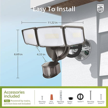 Philips 72W 7400LM LED Security Lights w/PIR Motion Sensor Outdoor, 5000K Daylight Dusk to Dawn Aluminum Flood Light, 3 Adjustable Heads, Waterproof for Garage, Yard, Porch