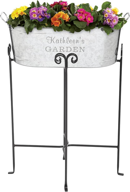Let's Make Memories Personalized Planter Tub for Mom Grandma Wife - Custom Engraved Decorative Metal Flower Pot - Mothers Day from Family Daughter Son Kids - 5.5 Gallons - Any 2-Line Message w/Stand