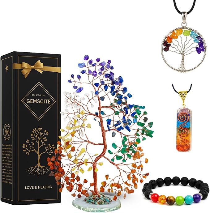 Seven Chakra Crystal Gem Tree with Natural Agate Slice Base – Handmade Wire Tree for Energy Healing, Meditation & Home Decor