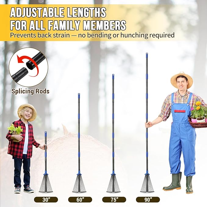Adjustable Leaf Rake, Heavy Duty Metal Rake for Leaves, Long Handle 30"-75" with Expandable Head 8"-17", Collapsible Small Rakes for Lawns, Gardening, Yard, Camping, Shrub, Grass, Bush, Weed, Debris