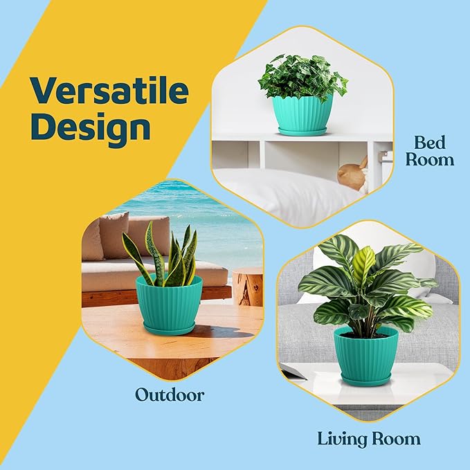 Aqua 6-Inch Plant Pots with Drainage & Saucers 24 Pack, Indoor & Outdoor Planters for Houseplants, Herbs, and Flowers, Durable & Weatherproof Material, Stackable, Lightweight, Minimalist Design