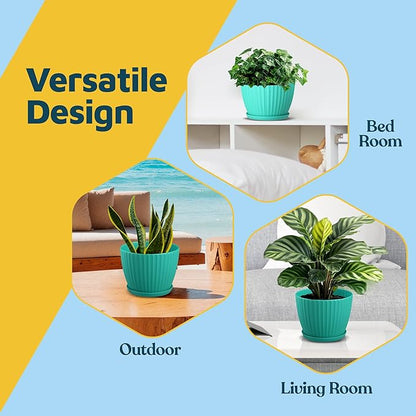 Aqua 6-Inch Plant Pots with Drainage & Saucers 18 Pack, Indoor & Outdoor Planters for Houseplants, Herbs, and Flowers, Durable & Weatherproof Material, Stackable, Lightweight, Minimalist Design