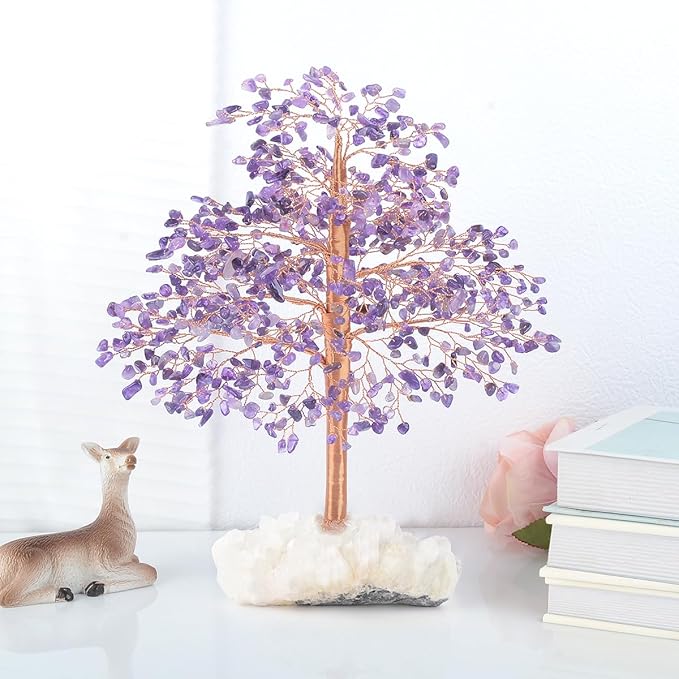 Natural Amethyst Gemstone Crystal Tree of Life, Clear Quartz Base, Chakra Money Bonsai Feng Shui, Positive Energy Healing Crystals Home Decor, Spiritual Gifts Size 10-11