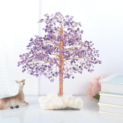 Natural Amethyst Gemstone Crystal Tree of Life, Clear Quartz Base, Chakra Money Bonsai Feng Shui, Positive Energy Healing Crystals Home Decor, Spiritual Gifts Size 10-11
