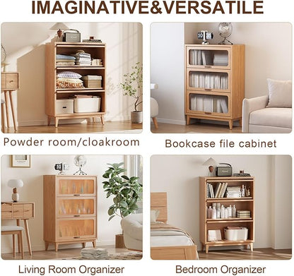 3-Shelf solid wood book case with corrugated tempered glass doors dusty wooden bookshelf Flip-Up Doors original wood midcentury modern book cases/shelves 3 tier for home office with installation tool
