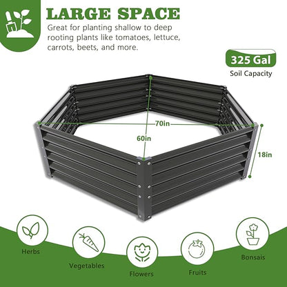 A ANLEOLIFE Hexagon Galvanized Metal Raised Garden Bed Outdoor, 70x60x18in Deep Metal Planter Box for Flowers, Herbs & Vegetables, 18'' Tall Decorative Raised Bed, Quartz Grey
