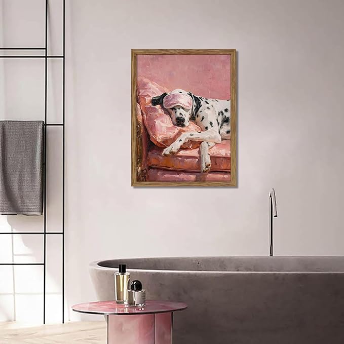 Vintage Framed Dalmatian Wall Art, Cute Dog Canvas Prints Home Decor, Pink Aesthetic Oil Painting, Dalmatian in Sleep Mask Picture Wall Decor for Bedroom Living Room Dormitory – 12x16 inch