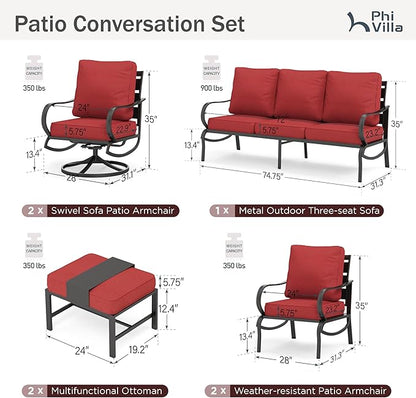 PHI VILLA 7 PCS Patio Furniture Set,Metal Outdoor Furniture with 1x 3 Seater Cushioned Deep Seating Bench Sofa, 2 Swivel Chair, 2 x Leg Chairs & 2 Ottoman for 7 Person, Red