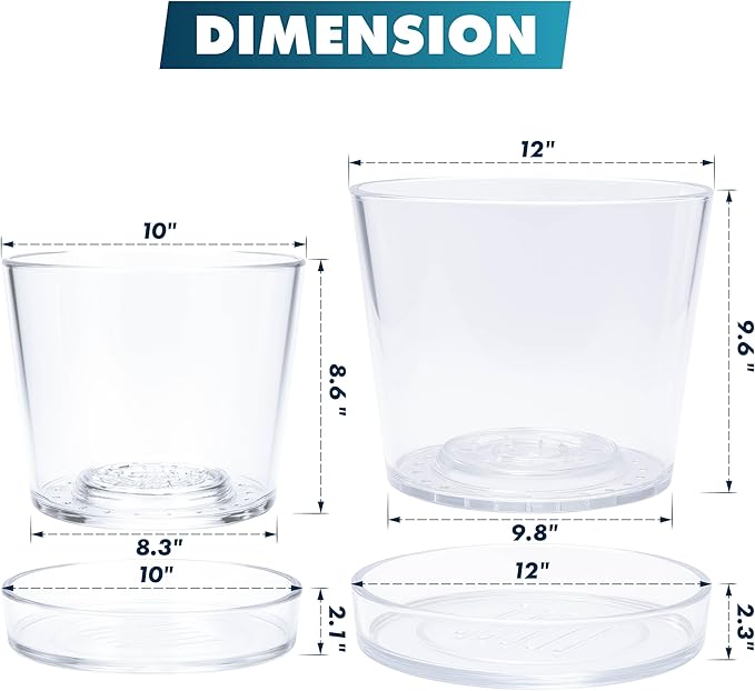 Phoenix Vine 10 Inch 12 Inch Clear Acrylic Houseplants Planter Pot with Tray, Orchid Pot with Drainage Holes, Deep Saucer for Bottom Watering, Transparent Containers for Indoor Plants, Herbs, 91-B-Z