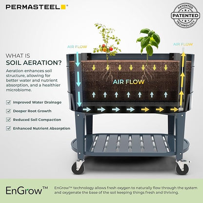 Permasteel Raised Garden Bed with Legs, Planter Box with EnGrow™ TrueSoil™ Technology for Vegetables, Flowers, Herbs, and Fruit, Outdoor Indoor, Storage Shelf, Caster Wheels, Blue