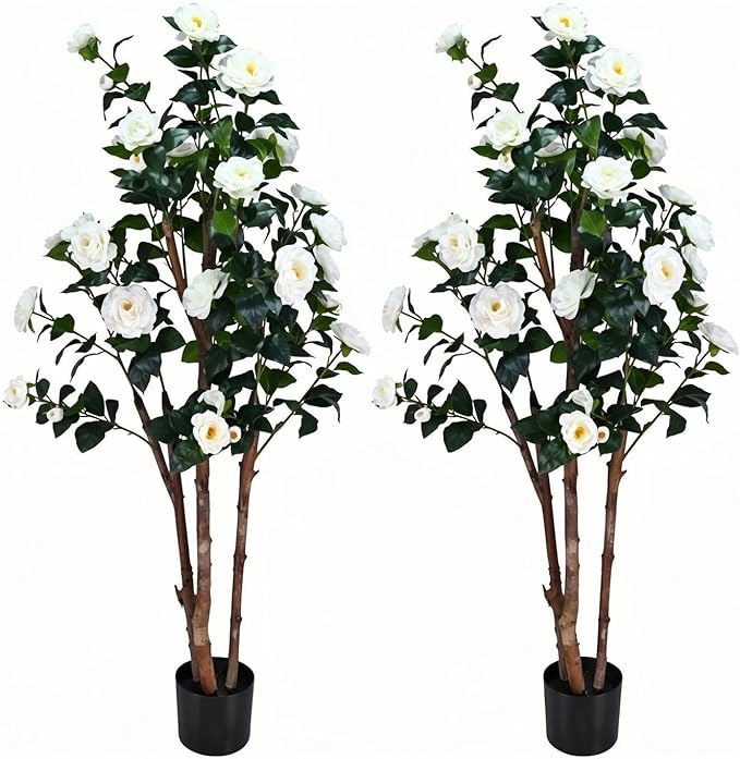 2pc 5ft Decorative Artificial Camellia Tree with White Flowers, Potted Faux Floral Plant, Realistic Blooming Fake Plants for Indoor Outdoor Home Front Door Planter Decor