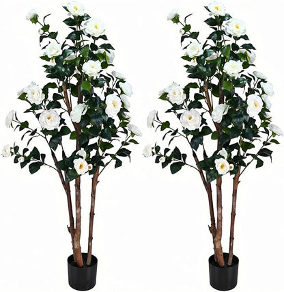 2pc 5ft Decorative Artificial Camellia Tree with White Flowers, Potted Faux Floral Plant, Realistic Blooming Fake Plants for Indoor Outdoor Home Front Door Planter Decor