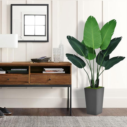 Bird of Paradise Artificial Plant 5FT - Faux Tropical Palm Tree with Gray Tall Planter - Fake Banana Leaf Floor Plant Potted - Artificial Silk Tree for Home Office Living Room Decor Indoor
