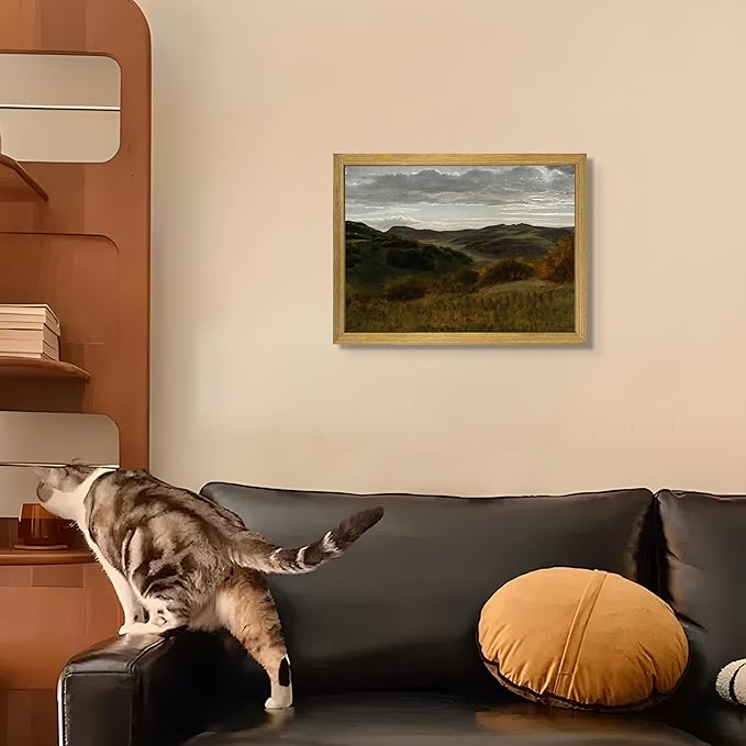 Framed Vintage Mountain Landscape Wall Art, Rustic Countryside Hills Canvas Print, Retro Farmhouse Nature Oil Painting Picture for Living Room Bedroom Home Wall Decor 12x16 Inch