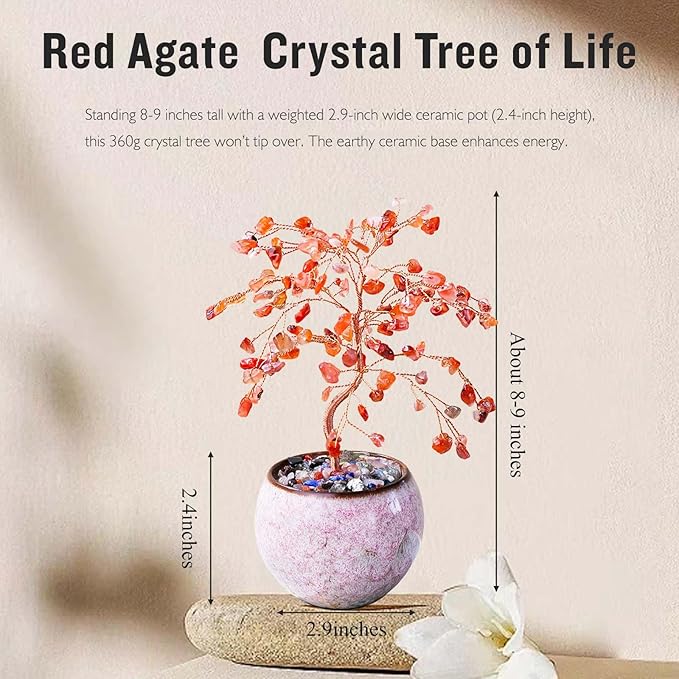 Runyangshi Red Agate Crystal Tree of Life - 8" Large Natural Chakra Healing Crystal Tree, Bringing Money, Good Luck, Positive Energy for Home Decor, Feng Shui Gifts, Office Desk Ornament