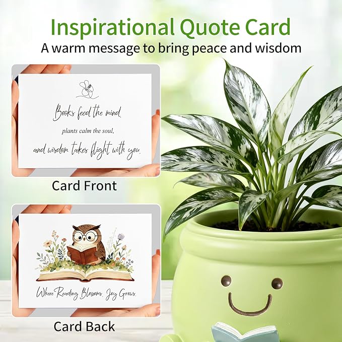 Book Lover Gift Set- Cute Reading Planter Pot with 5 Heart Leather Bookmarks & Quote Card, Cozy Desk Decor and Perfect Gift for Teacher, Librarian, Women, Mom, Friend, Colleague