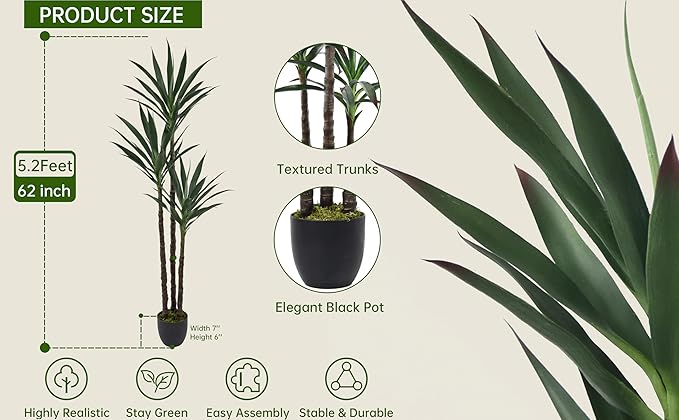 Artificial Agave Tree 5.2FT with 45 Leaves & 3 Trunks & Elegant Black Pot Lifelike Tall Large Fake Faux Modern Tree 62 Inch for Indoor Home Office Porch Store Corner Decor Housewarming Gift