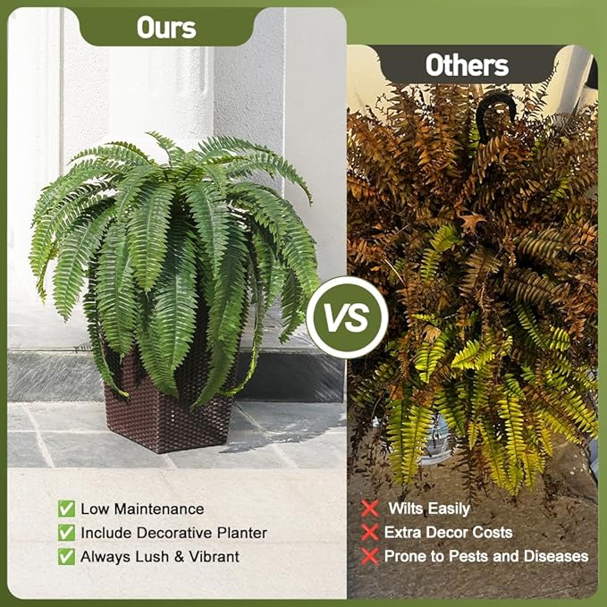 48" Boston Ferns Artificial Outdoor Plants - 39 Fronds UV Resistant Faux Greenery with Taper Planter- Realistic Fake Bushes Front Porch Decor for Garden, Patio, Indoors - Set of 1, VN153
