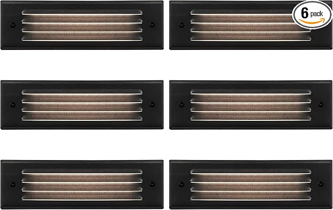 GKOLED Low Voltage Lengthened LED Step Lights, 4W 12V Surface Mount Light with Horizontal Louvered Faceplate, for Steps Decks Pathway Stairs Fences, 2700K, IP65, Die-cast Aluminum, Black (6-Pack)