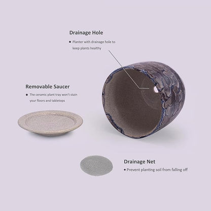 6 in Ceramic Plant Pot with Saucer，Indoor Plant Pot for Plants, Flower Pot with Drainage，Reactive Glaze Grey