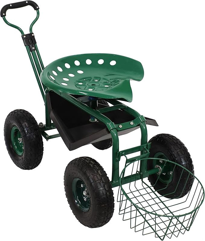 Sunnydaze Garden Cart with Wheels - Garden Stool on Wheels - Rolling Gardening Seat with Extendable Handle - Swivel Seat - Green