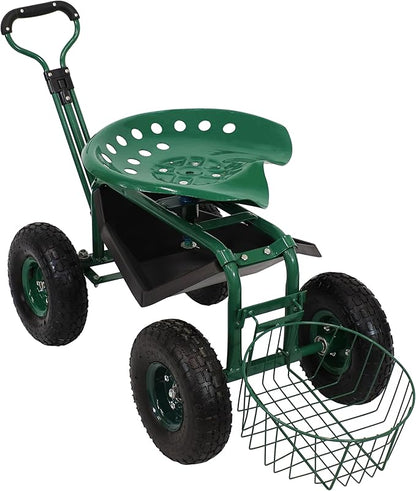 Sunnydaze Garden Cart with Wheels - Garden Stool on Wheels - Rolling Gardening Seat with Extendable Handle - Swivel Seat - Green