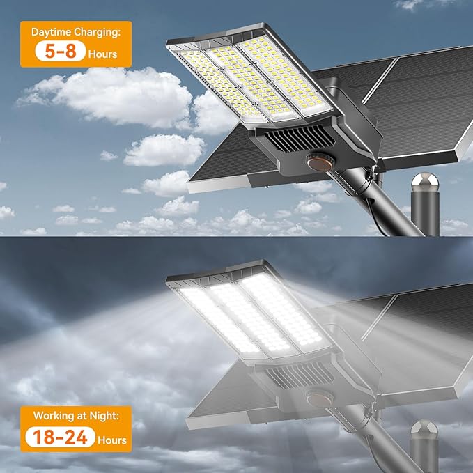 12000W Solar Street Light with Dual Solar Panels, Commercial Grade Parking Lot Lights with Large LEDs, Flood Lights Outdoor wth Motion Sensor and Remote Control for Yard, Street 1 Pack