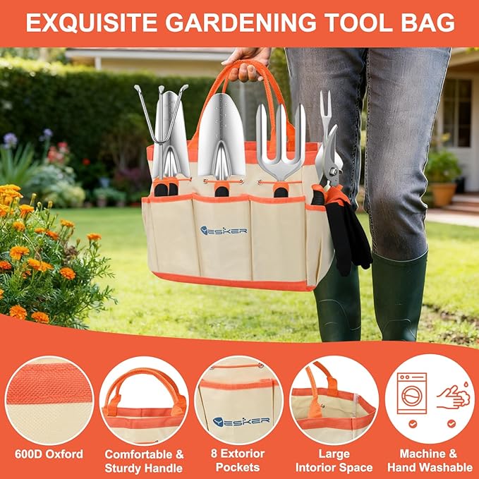 Yesker Gardening Tools 9-Piece Heavy Duty Garden Tool Set Gardening Supplies Gifts for Women Men Gardening Hand Tool Kit w Non-Slip Ergonomic Handle, Garden Bag, Durable Gloves, Spray Bottle, Orange
