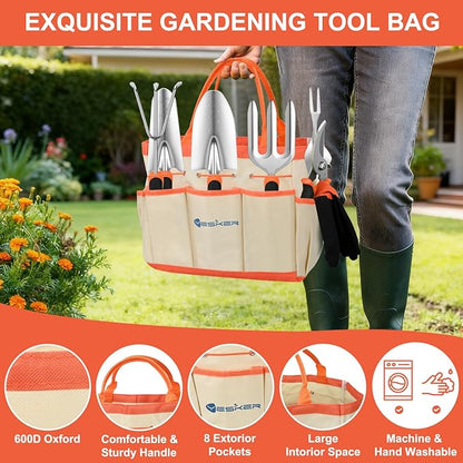 Yesker Gardening Tools 9-Piece Heavy Duty Garden Tool Set Gardening Supplies Gifts for Women Men Gardening Hand Tool Kit w Non-Slip Ergonomic Handle, Garden Bag, Durable Gloves, Spray Bottle, Orange