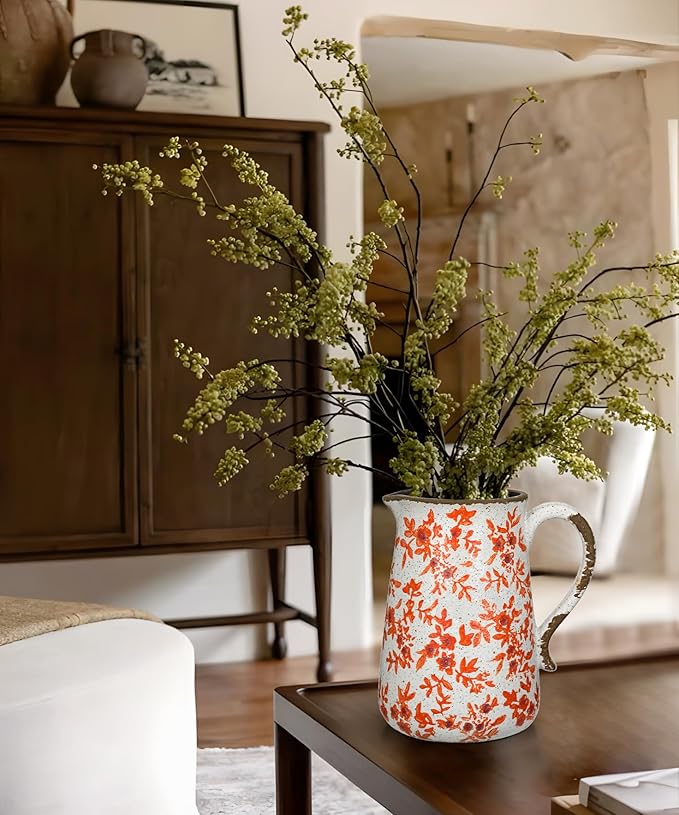 Ceramic Rustic Farmhouse Vase, 7.9" Orange Red and White Vase for Centerpieces Chinoiserie Vases Pottery Jug with Handle Chinoiserie French Country Decor Vintage Vases for Kitchen Dinner Table