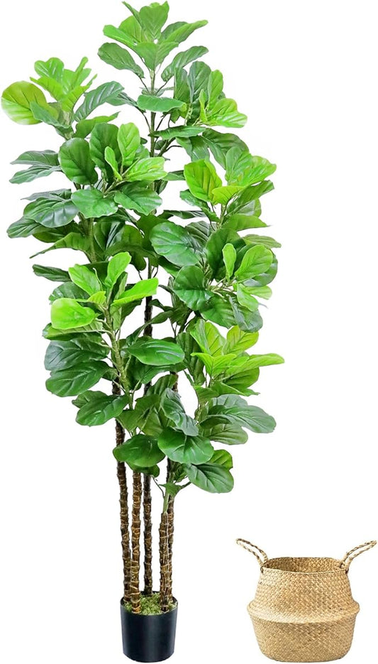 ROOMTEC Artificial Fiddle Leaf Fig Tree,7 FT Tall Artificial Tree with Woven Seagrass Plant Basket Fake Floor Plant in Pot for Home Decor Living Room Indoor Outdoor Office Bedroom Decor