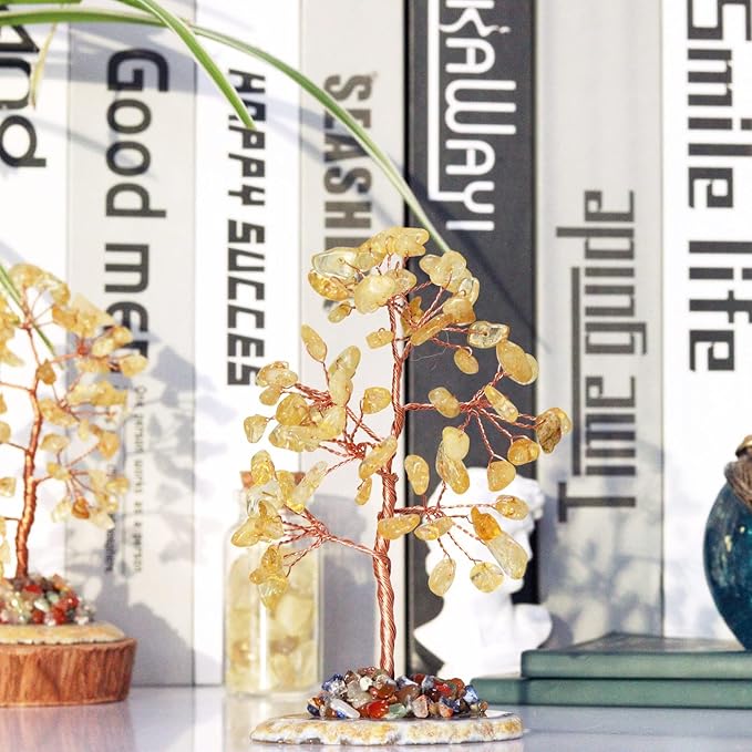 Citrine Healing Crystal Tree of Life Natural Gemstone Agate Slice Base Copper Wire Wrapped Money Trees Feng Shui Reiki Spiritual Energy Decorations Home Office Room Desk Decor Gifts for Women Men