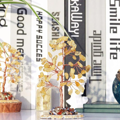 Citrine Healing Crystal Tree of Life Natural Gemstone Agate Slice Base Copper Wire Wrapped Money Trees Feng Shui Reiki Spiritual Energy Decorations Home Office Room Desk Decor Gifts for Women Men