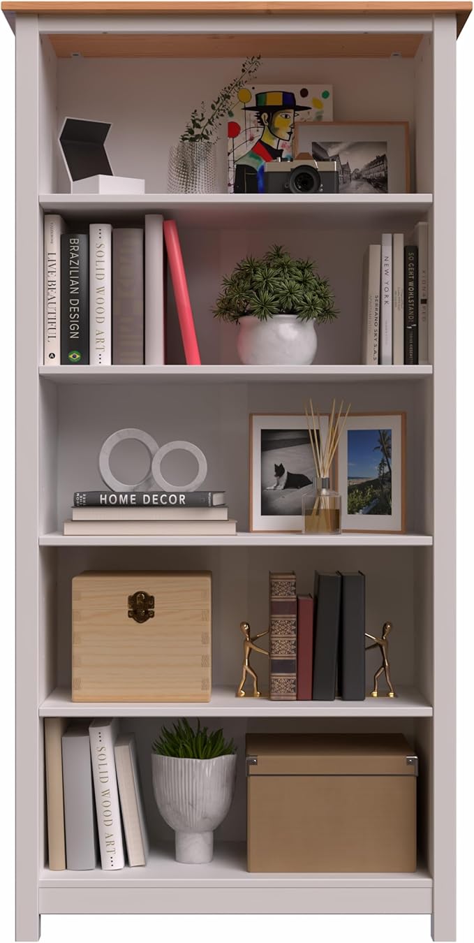 From the Tree Furniture Solid Pine Wood Bookcase – Tall Bookshelf with 4 Adjustable Shelves for Home, Office & Kids Room