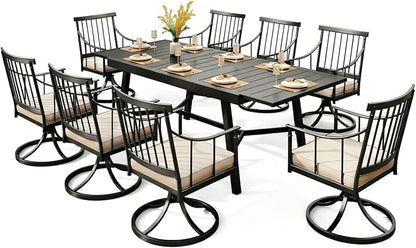 PHI VILLA 9 Pieces Outdoor Dining Set for 8, 84" Long Expandable Metal Table & Swivel Wrought Iron Chairs with Cushions, Large Furniture Set for Patio, Deck, Yard, Porch - Black